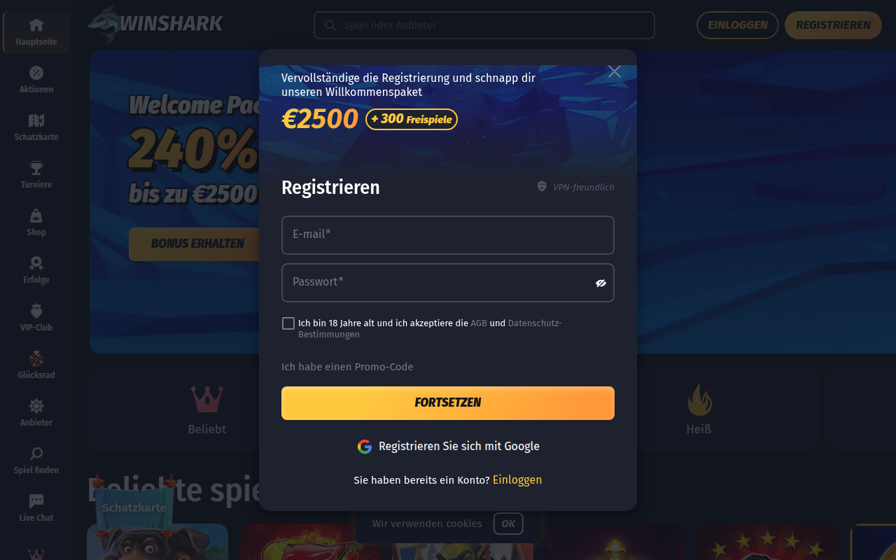 Screenshot WinShark Online Casino Homepage